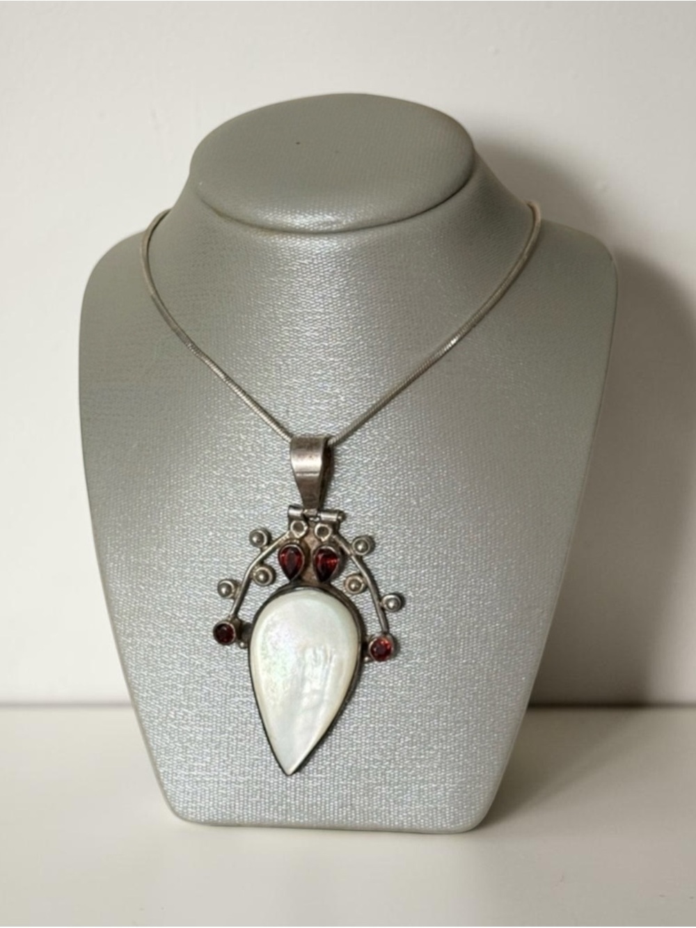 Sterling Silver Balinese Mother of Pearl and Garnet Pendant